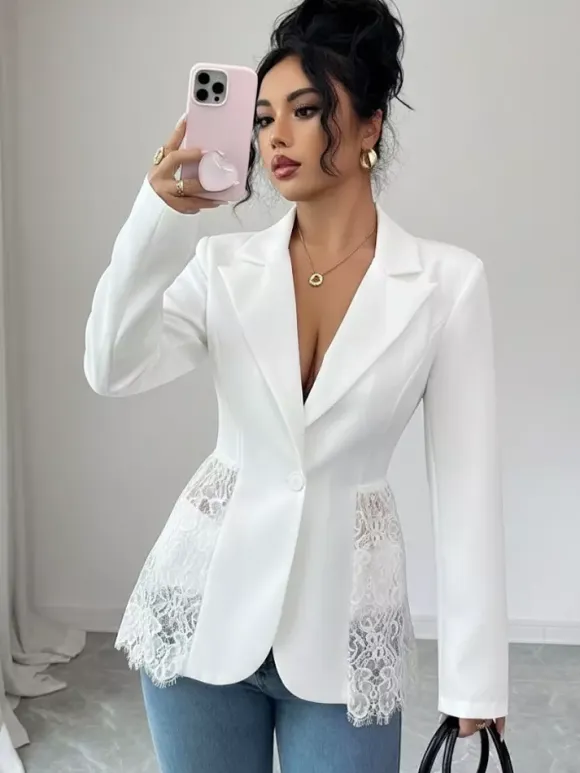 Lace Patchwork Women's Blazer Jacket - Sexy Sheer Hem Slim Fit - Spring Night Out Party Outerwear 2026