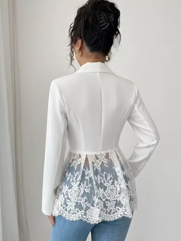 Lace Patchwork Women's Blazer Jacket - Sexy Sheer Hem Slim Fit - Spring Night Out Party Outerwear 2026