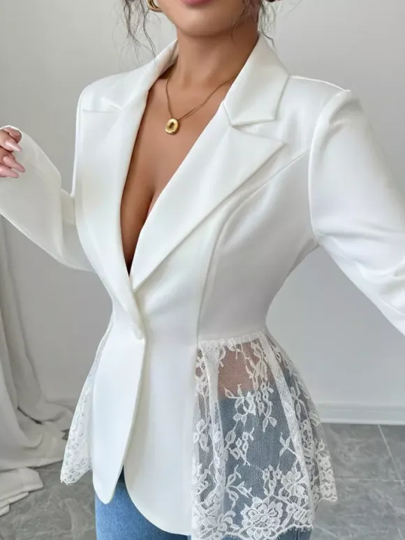 Lace Patchwork Women's Blazer Jacket - Sexy Sheer Hem Slim Fit - Spring Night Out Party Outerwear 2026