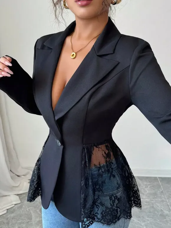 Lace Patchwork Women's Blazer Jacket - Sexy Sheer Hem Slim Fit - Spring Night Out Party Outerwear 2026