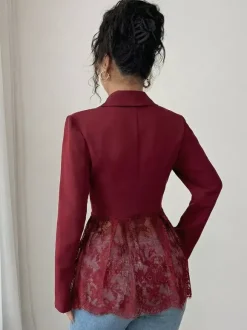Lace Patchwork Women's Blazer Jacket - Sexy Sheer Hem Slim Fit - Spring Night Out Party Outerwear 2026