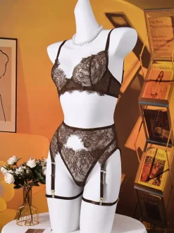 Lace Sheer Lingerie Eyelash Lace Coffee Brown Bra Garter Thong 4-Piece Sets