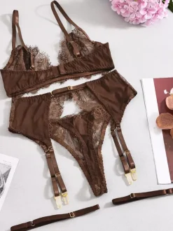 Lace Sheer Lingerie Eyelash Lace Coffee Brown Bra Garter Thong 4-Piece Sets