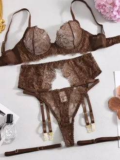 Lace Sheer Lingerie Eyelash Lace Coffee Brown Bra Garter Thong 4-Piece Sets