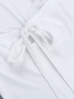 Lace Trim Bow Tie Front Cropped Top For Women - White Slim Fit Long Sleeve Fairycore Blouse - Spring Night Out Clubwear 2026