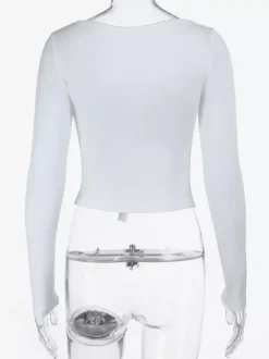 Lace Trim Bow Tie Front Cropped Top For Women - White Slim Fit Long Sleeve Fairycore Blouse - Spring Night Out Clubwear 2026