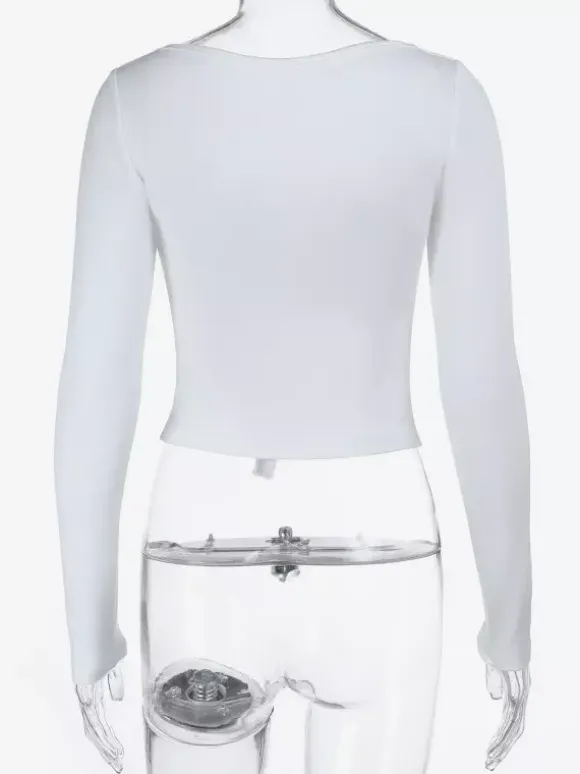 Lace Trim Bow Tie Front Cropped Top For Women - White Slim Fit Long Sleeve Fairycore Blouse - Spring Night Out Clubwear 2026