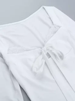 Lace Trim Bow Tie Front Cropped Top For Women - White Slim Fit Long Sleeve Fairycore Blouse - Spring Night Out Clubwear 2026