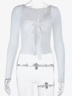 Lace Trim Bow Tie Front Cropped Top For Women - White Slim Fit Long Sleeve Fairycore Blouse - Spring Night Out Clubwear 2026