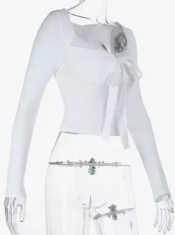 Lace Trim Bow Tie Front Cropped Top For Women - White Slim Fit Long Sleeve Fairycore Blouse - Spring Night Out Clubwear 2026