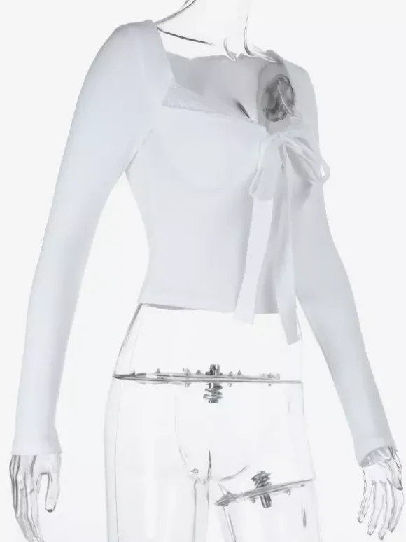 Lace Trim Bow Tie Front Cropped Top For Women - White Slim Fit Long Sleeve Fairycore Blouse - Spring Night Out Clubwear 2026