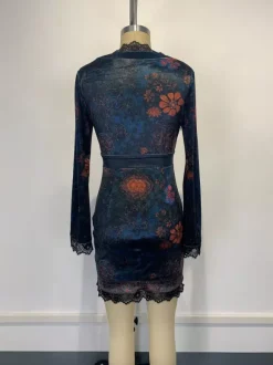 Lace Trim Floral Print Velvet V-Neck Bodycon Long Sleeve Mini Dress For Women 2026