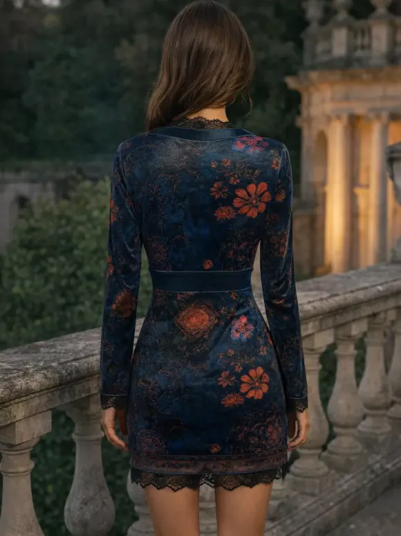 Lace Trim Floral Print Velvet V-Neck Bodycon Long Sleeve Mini Dress For Women 2026