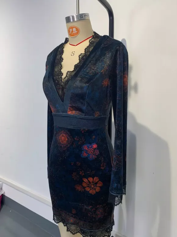 Lace Trim Floral Print Velvet V-Neck Bodycon Long Sleeve Mini Dress For Women 2026