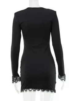 Lace Trim Long Sleeve V-Neck Bodycon Mini Party Dress For Women 2026