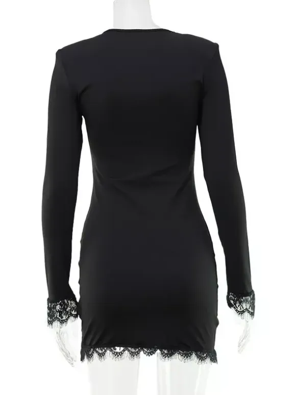 Lace Trim Long Sleeve V-Neck Bodycon Mini Party Dress For Women 2026