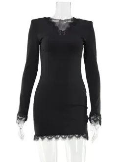 Lace Trim Long Sleeve V-Neck Bodycon Mini Party Dress For Women 2026