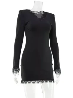 Lace Trim Long Sleeve V-Neck Bodycon Mini Party Dress For Women 2026