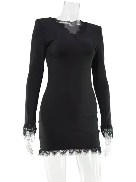 Lace Trim Long Sleeve V-Neck Bodycon Mini Party Dress For Women 2026