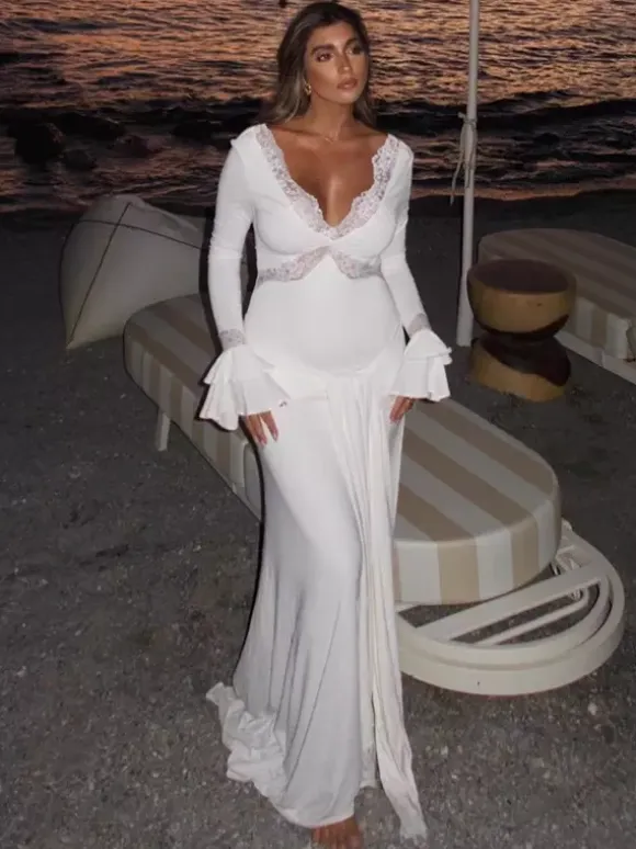 Lace Trim V Neck Maxi Dress For Women - White Boho Long Sleeve Trumpet Cuff Bodycon Gown - Spring Beach Bridal Party 2026