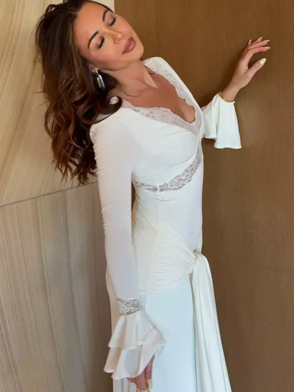 Lace Trim V Neck Maxi Dress For Women - White Boho Long Sleeve Trumpet Cuff Bodycon Gown - Spring Beach Bridal Party 2026