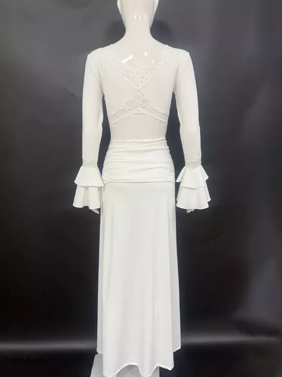 Lace Trim V Neck Maxi Dress For Women - White Boho Long Sleeve Trumpet Cuff Bodycon Gown - Spring Beach Bridal Party 2026