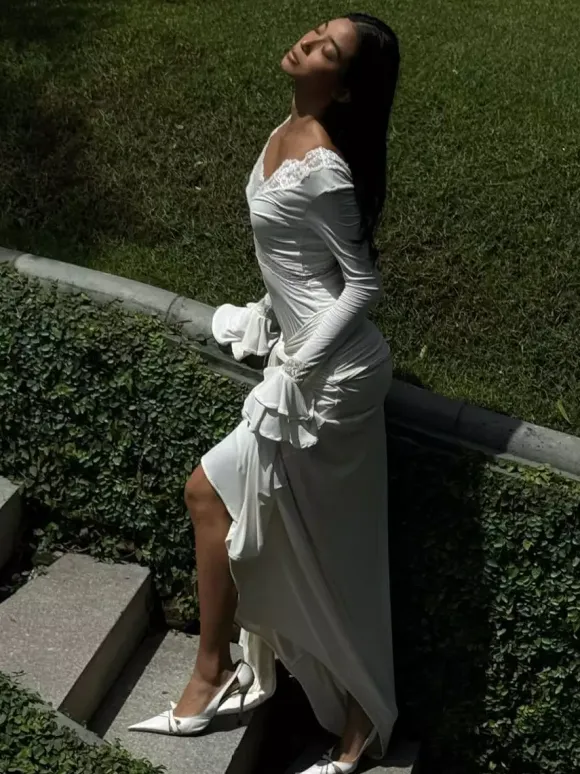 Lace Trim V Neck Maxi Dress For Women - White Boho Long Sleeve Trumpet Cuff Bodycon Gown - Spring Beach Bridal Party 2026