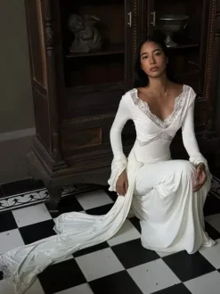 Lace Trim V Neck Maxi Dress For Women - White Boho Long Sleeve Trumpet Cuff Bodycon Gown - Spring Beach Bridal Party 2026