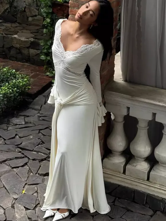 Lace Trim V Neck Maxi Dress For Women - White Boho Long Sleeve Trumpet Cuff Bodycon Gown - Spring Beach Bridal Party 2026