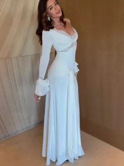 Lace Trim V Neck Maxi Dress For Women - White Boho Long Sleeve Trumpet Cuff Bodycon Gown - Spring Beach Bridal Party 2026
