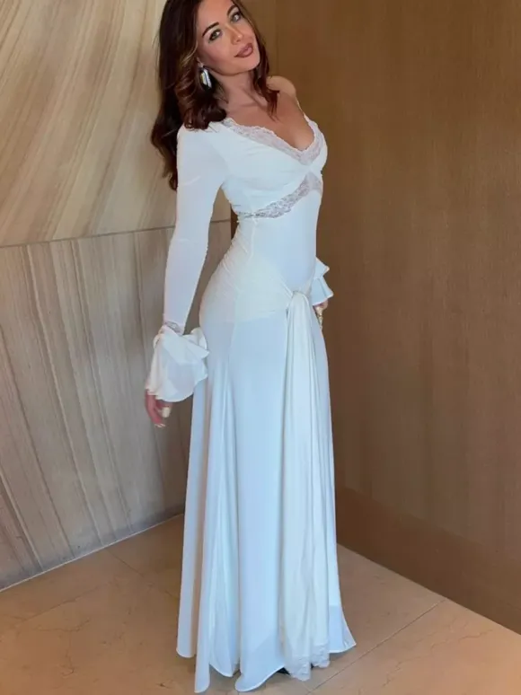 Lace Trim V Neck Maxi Dress For Women - White Boho Long Sleeve Trumpet Cuff Bodycon Gown - Spring Beach Bridal Party 2026