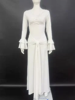 Lace Trim V Neck Maxi Dress For Women - White Boho Long Sleeve Trumpet Cuff Bodycon Gown - Spring Beach Bridal Party 2026