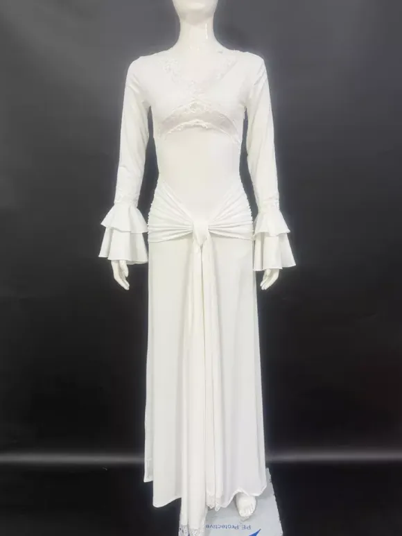 Lace Trim V Neck Maxi Dress For Women - White Boho Long Sleeve Trumpet Cuff Bodycon Gown - Spring Beach Bridal Party 2026