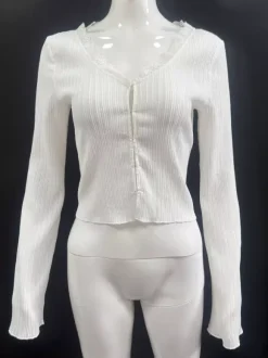 Lace Trim V Neck Ribbed Knit Top With Bell Sleeves For Women 2026