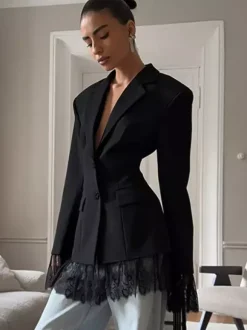 Lace Trimmed Hourglass Women's Blazer - Flare Sleeve Slim Fit Suit Jacket - Chic Streetwear Formal Outfits 2026