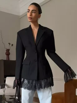 Lace Trimmed Hourglass Women's Blazer - Flare Sleeve Slim Fit Suit Jacket - Chic Streetwear Formal Outfits 2026