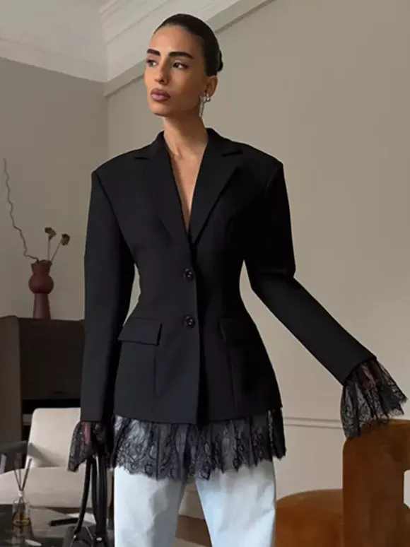 Lace Trimmed Hourglass Women's Blazer - Flare Sleeve Slim Fit Suit Jacket - Chic Streetwear Formal Outfits 2026
