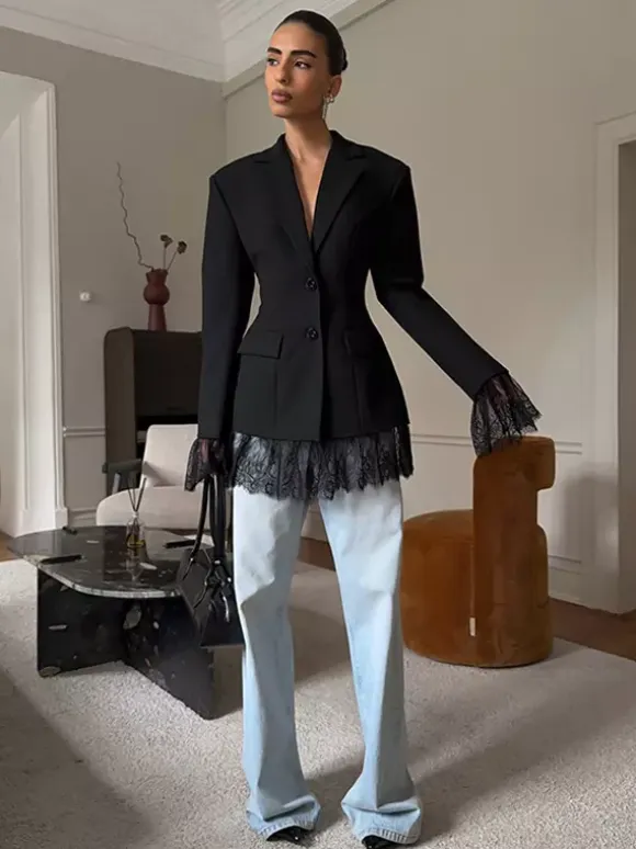 Lace Trimmed Hourglass Women's Blazer - Flare Sleeve Slim Fit Suit Jacket - Chic Streetwear Formal Outfits 2026