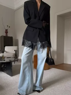 Lace Trimmed Hourglass Women's Blazer - Flare Sleeve Slim Fit Suit Jacket - Chic Streetwear Formal Outfits 2026