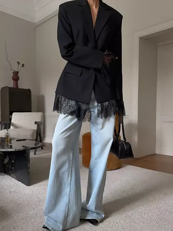 Lace Trimmed Hourglass Women's Blazer - Flare Sleeve Slim Fit Suit Jacket - Chic Streetwear Formal Outfits 2026
