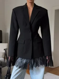 Lace Trimmed Hourglass Women's Blazer - Flare Sleeve Slim Fit Suit Jacket - Chic Streetwear Formal Outfits 2026