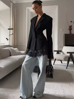 Lace Trimmed Hourglass Women's Blazer - Flare Sleeve Slim Fit Suit Jacket - Chic Streetwear Formal Outfits 2026