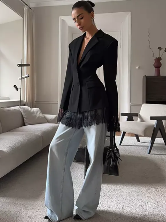 Lace Trimmed Hourglass Women's Blazer - Flare Sleeve Slim Fit Suit Jacket - Chic Streetwear Formal Outfits 2026