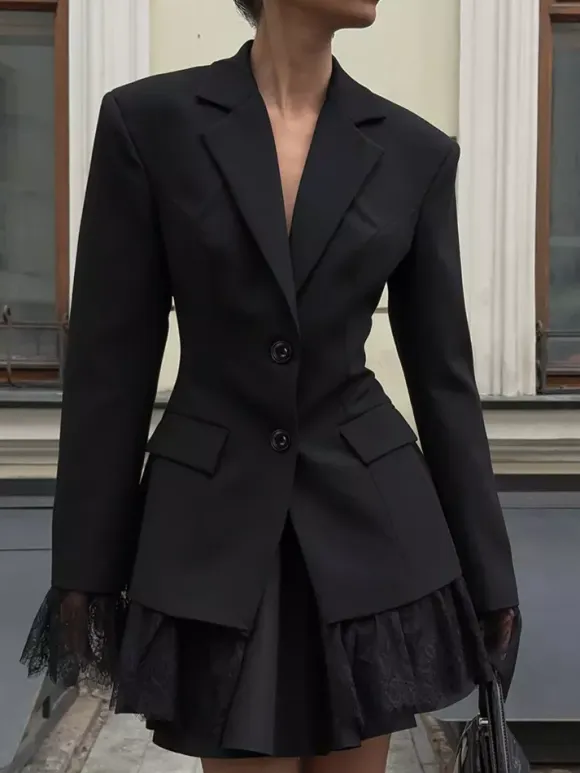 Lace Trimmed Hourglass Women's Blazer - Flare Sleeve Slim Fit Suit Jacket - Chic Streetwear Formal Outfits 2026