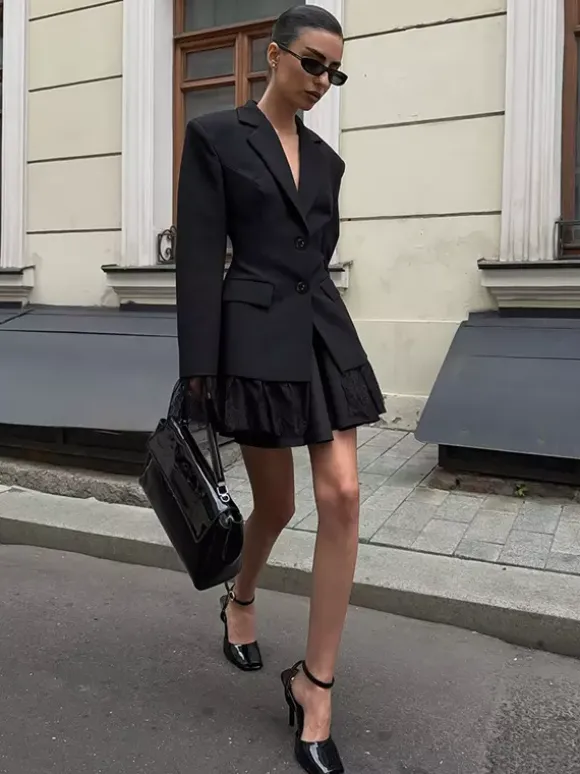 Lace Trimmed Hourglass Women's Blazer - Flare Sleeve Slim Fit Suit Jacket - Chic Streetwear Formal Outfits 2026