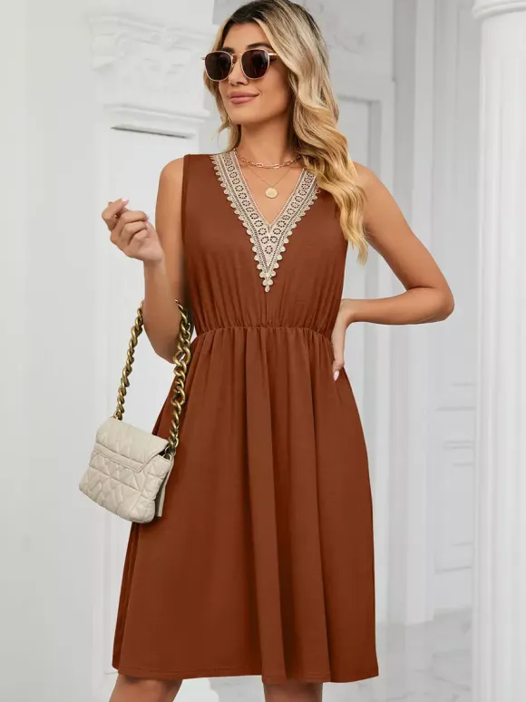 Lace V Neck Midi Dress for Women - Sleeveless A-Line Swing Sundress with Pockets - Summer Daily Casual 2026