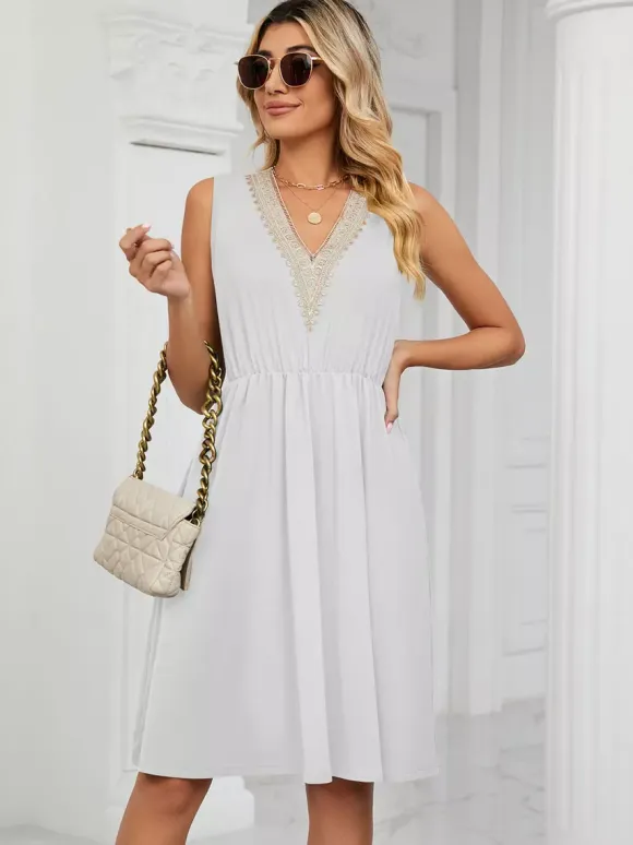 Lace V Neck Midi Dress for Women - Sleeveless A-Line Swing Sundress with Pockets - Summer Daily Casual 2026