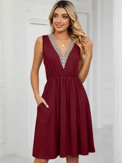 Lace V Neck Midi Dress for Women - Sleeveless A-Line Swing Sundress with Pockets - Summer Daily Casual 2026