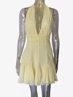 Lace Waist Halter Deep V Neck Pleated Chiffon Party Mini Dress For Women 2026
