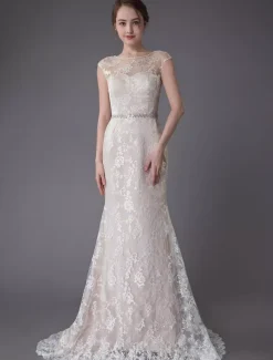 Lace Wedding Dress Champagne Jewel Sleeveless Backless Mermaid Beach Wedding Gown With Train